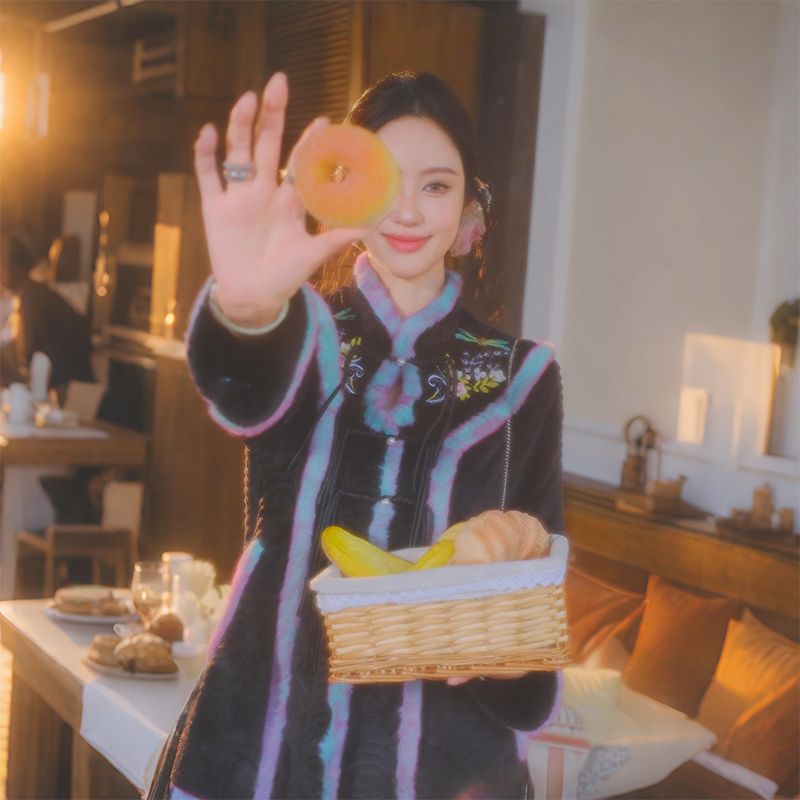 原创新中式家居服高级感刺绣睡衣女款春秋法兰绒套装两件套撞色新