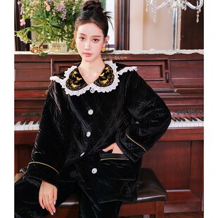 原创丝绒刺绣撞色三层加厚夹棉睡衣两件套宽松加绒家居服套装冬新