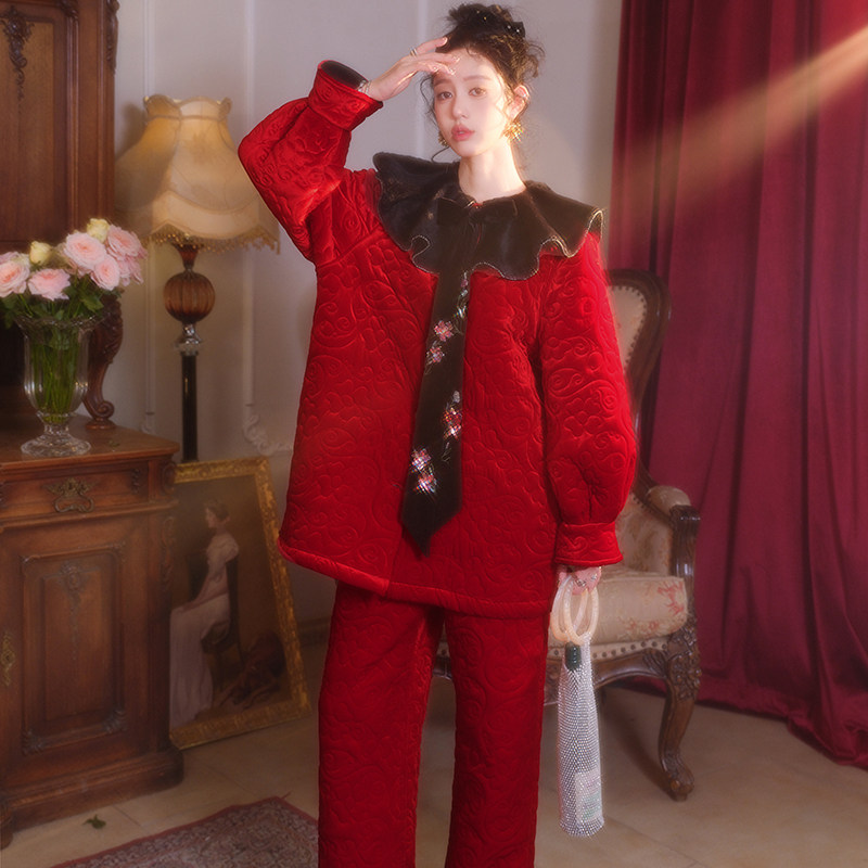 原创新年大红刺绣三层加厚夹棉睡衣两件套宽松加绒家居服套装冬新,女士内衣/男士内衣/家居服,睡衣/家居服套装,淘宝优惠券,粉丝福利购,淘宝优惠卷