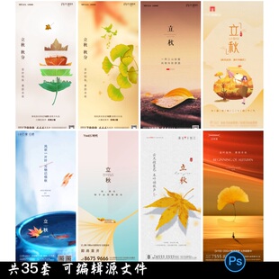 二十四24节气立秋海报红叶落叶企业推广宣传插画节日psd设计模版