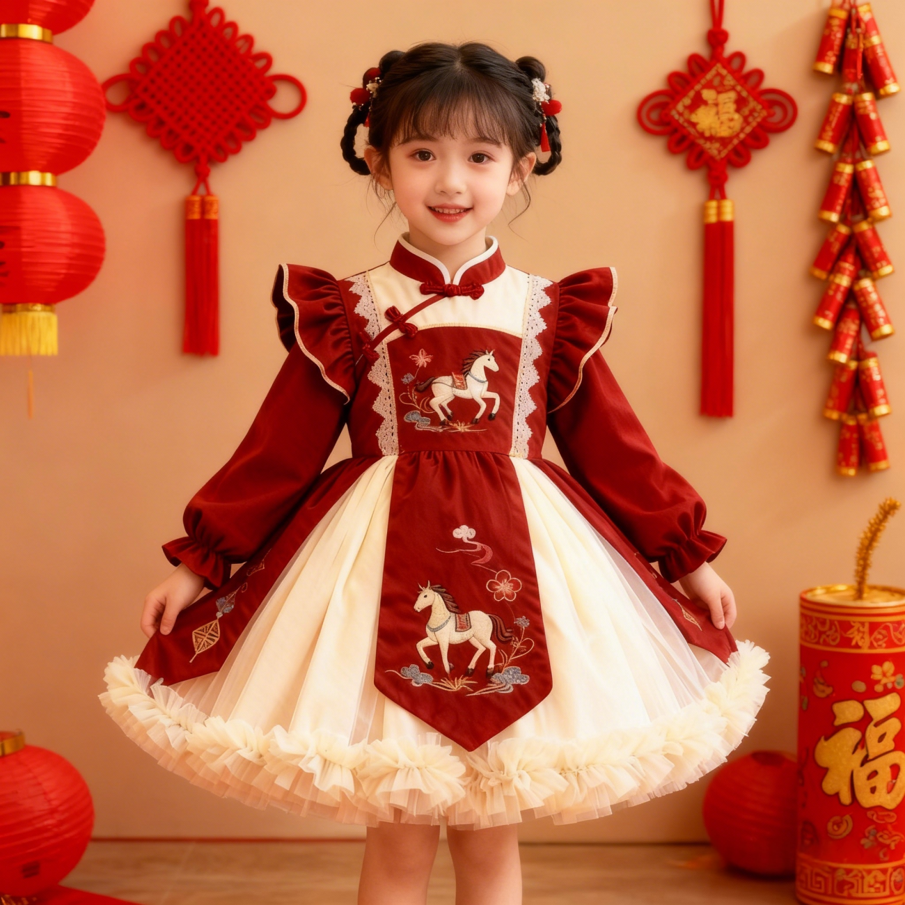 女童2026新款马年拜年服小女孩中式唐装汉服连衣裙加绒蓬蓬公主裙,童装/婴儿装/亲子装,连衣裙,淘宝优惠券,粉丝福利购,淘宝优惠卷