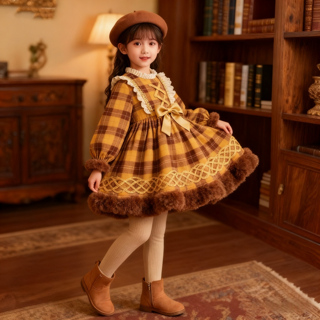 女童2025秋冬新款洛丽塔学院风连衣裙宝宝加绒韩版时髦生日公主裙