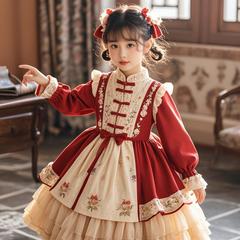 女童连衣裙秋冬款儿童新年大红喜庆中式拜年服宝宝周岁礼服洛丽塔