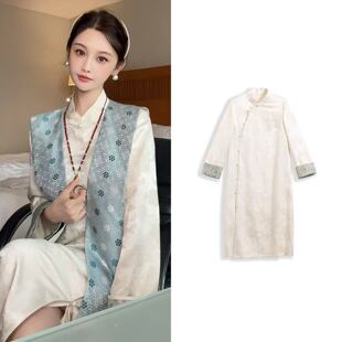 【粉红粉丝专享】新中式桑蚕丝提花宋锦拼接宋制连衣裙H25012