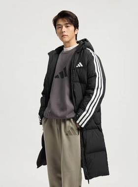 ADIDAS/阿迪达斯3-Stripes3S保暖防风长款羽绒外套男款黑色KC2498