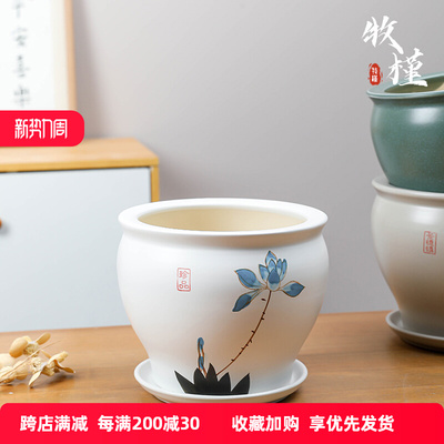 景德镇陶瓷花盆家用带托盘复古中式高级白色国风盆景小号精致专用