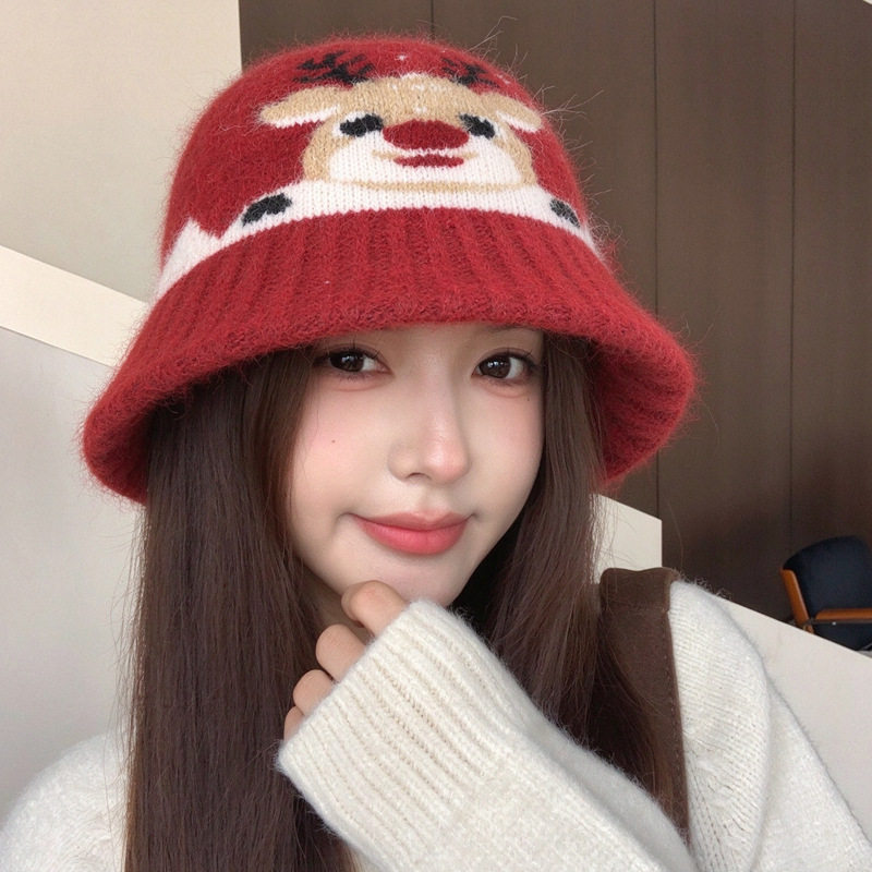秋冬圣诞麋鹿钩花帽子女款大头围可爱显脸小渔夫帽驯鹿针织毛线帽