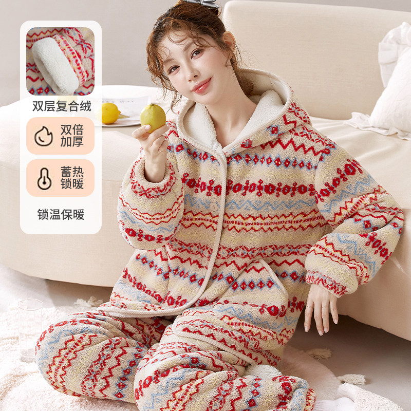 睡衣套装加厚加绒双层复合法兰绒家居服秋冬暖绒保暖可爱睡衣女士