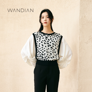 上装 日常上班米黑抽象波普拼接毛织套头衫 1233W07RS2 新品 婉甸秋季