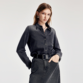 婉甸2026春季 1251S10GX2 H型长袖 新品 灰雾色渐变水洗丹宁衬衫