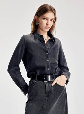 婉甸2026春季新品灰雾色渐变水洗丹宁衬衫H型长袖1251S10GX2