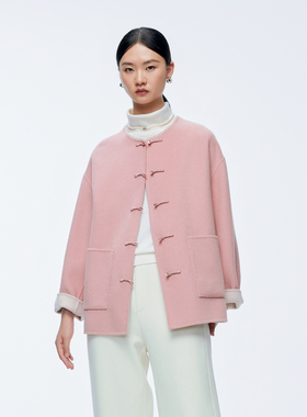 婉甸2025年冬季新品薄纱粉中长款双面呢外套1244E04GS1