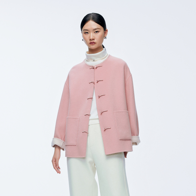 婉甸2025年冬季新品薄纱粉中长款双面呢外套1244E04GS1