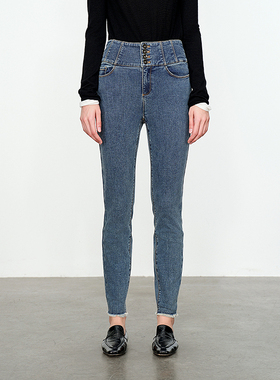 婉甸雾灰蓝丹宁小脚裤冬季新品直筒裤立体装饰长裤1234X08SX3YX