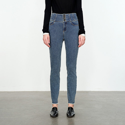 婉甸雾灰蓝丹宁小脚裤冬季新品直筒裤立体装饰长裤1234X08SX3YX