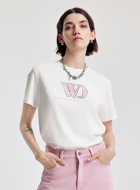 婉甸2026春季新品霜白色斑驳印字母短袖T恤1251T03SX4