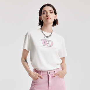 婉甸2026春季新品霜白色斑驳印字母短袖T恤1251T03SX4