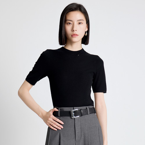 婉甸秋季新品耀石黑/岩石灰/酱紫色半领毛织套头衫1243W02GL2