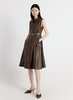 婉甸2025年秋季新品茶棕色蛋白皮连衣裙1243N06MD4