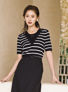 婉甸2025夏季新品黑白条纹假两件毛织套头衫1242W06SX2