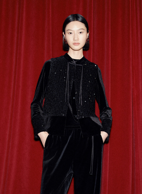 婉甸2025年冬季新品黑色珠片绣两件套上衣1244L01DM1