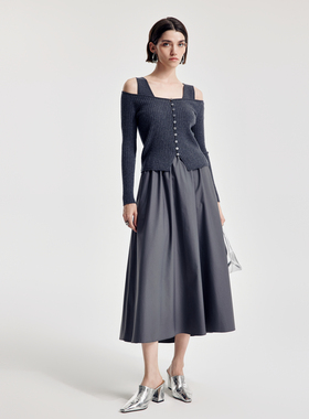 婉甸2026春季新品炭灰色毛织拼接两件套连衣裙1251N05GX2