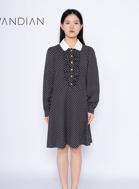 婉甸黑色波点长袖连衣裙1232N86QY7DS