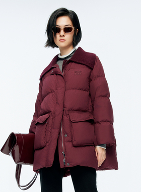 婉甸2025年冬季新品安可拉红/黑色毛织领中长款羽绒服1244D12GS3