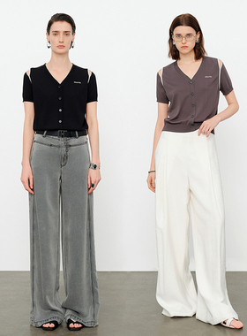 婉甸2026夏季新品黑色/原生灰露肩撞色毛织假开衫1252W04RSA