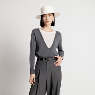 1243W24GL2 岩石灰毛织拼接套头衫 婉甸2025年秋季 新品