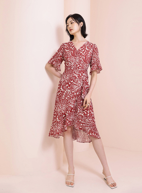 婉甸2025夏季新品花火红色短袖连衣裙1242N43RJ3YX