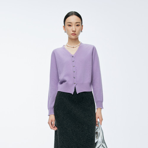 婉甸2025年冬季新品冰粉/紫色/岩石灰睫毛v领毛织开衫1244W35GS1