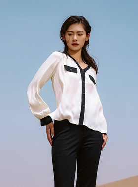 婉甸2025春季新品乳白色撞边长袖上衣通勤风雪纺衫1241H05SJ2