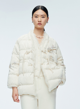 婉甸2025年冬季新品米白提花水貂毛中式羽绒服1244D43DM5
