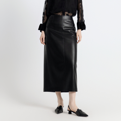 婉甸2025年秋季新品耀石黑直筒皮长裙1243K03GL2