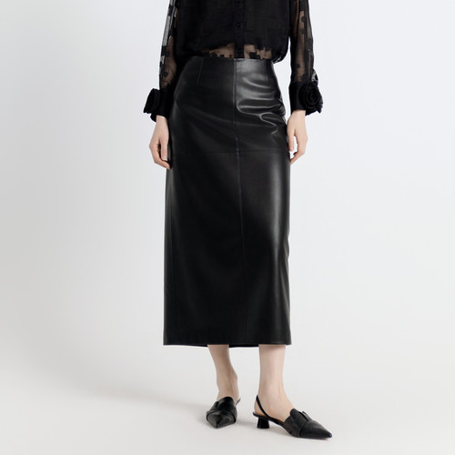 婉甸2025年秋季新品耀石黑直筒皮长裙1243K03GL2