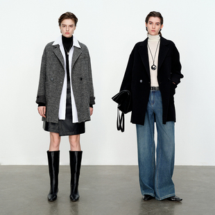 外套1234E16DM3 宽松纽扣中长款 婉甸灰黑棕三色双面呢外套冬季 新品