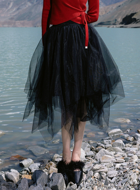 婉甸2025春季新品黑色网纱长裙瑞丽风半身裙1241K08DY1