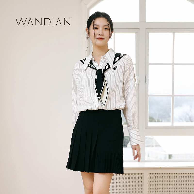 婉甸秋季新品日常上班黑白条纹长袖衬衫上装1233S01RS1