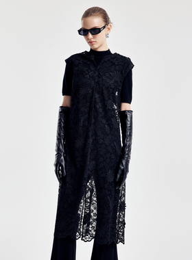 婉甸2026春季新品黑色立体绣花连衣裙X型无袖1251N03ZY1