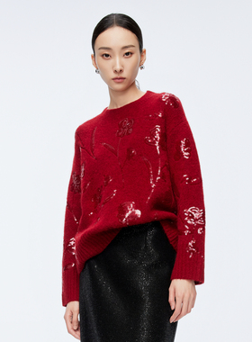 婉甸2025年冬季新品慕斯红/智灰/黑色绣珠片毛织套头衫1244W22DM2