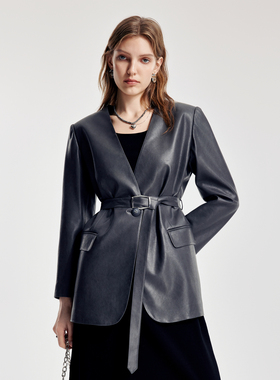 婉甸2026春季新品大象灰V领中长款西装H型皮外套1251Q03GX2