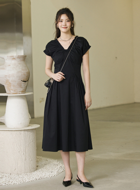 婉甸2025夏季新品黑色短袖连衣裙1242N07RS2