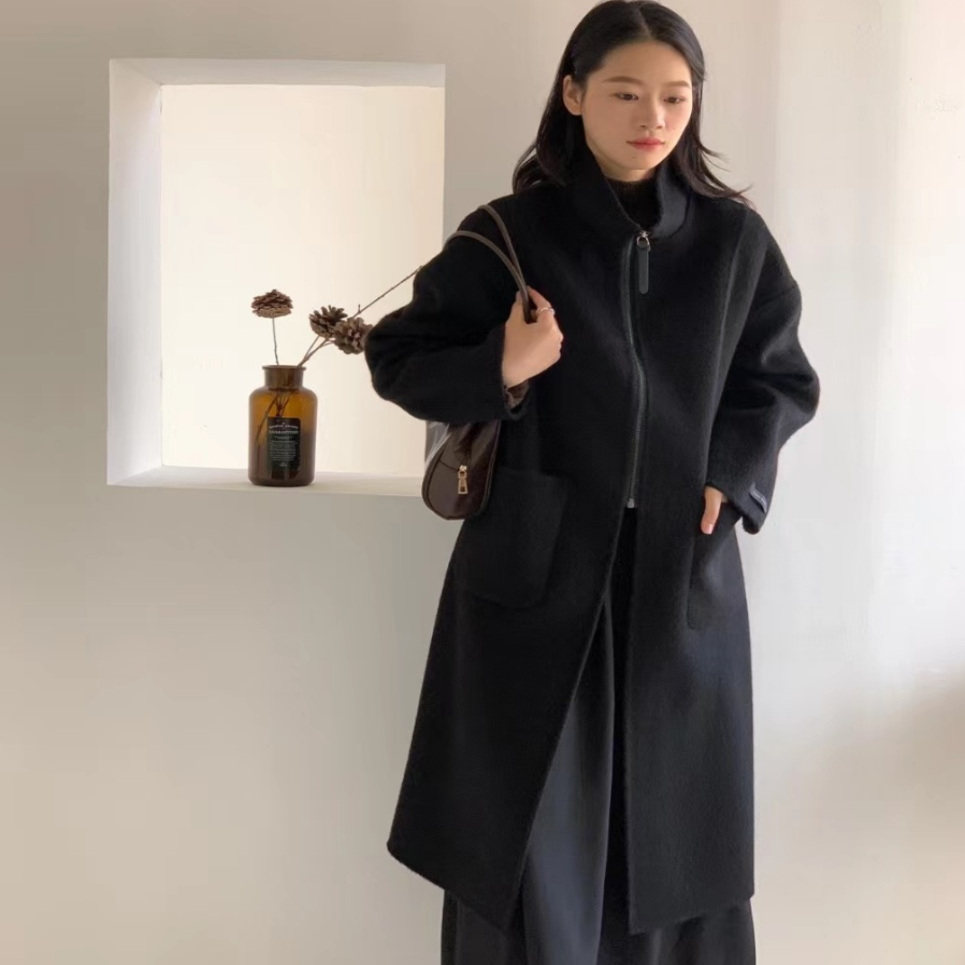 新款  新款韩国羊毛长款大衣 963高领带拉链大兜休闲通勤女装大衣