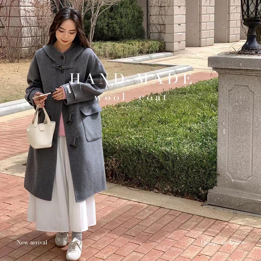 韩版休闲连帽羊毛大衣女学院风灰色黑色牛角扣中长款双面外套288