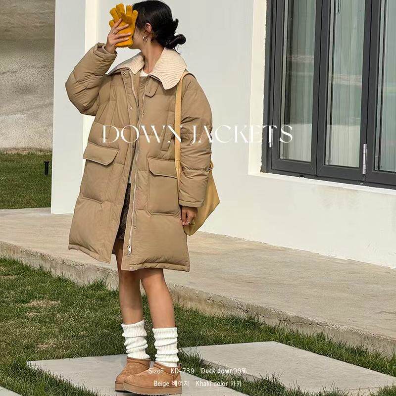 韩版新款女士长款羽绒服KD739针织领无帽时尚通勤宽松女装羽绒服