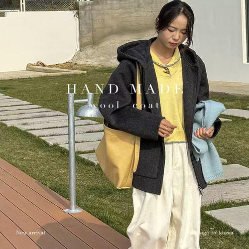 韩版 秋季新款羊毛外套女 691拉链连帽休闲通勤洋气女装毛呢外套 - 封面