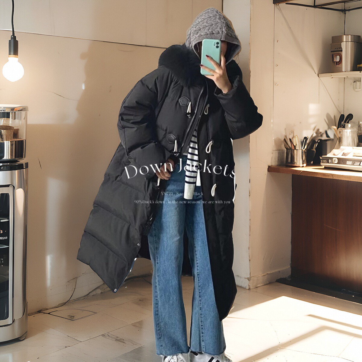 特价 韩国长款羽绒服大衣723鸭绒牛角扣大毛领长款盖膝时尚羽绒服