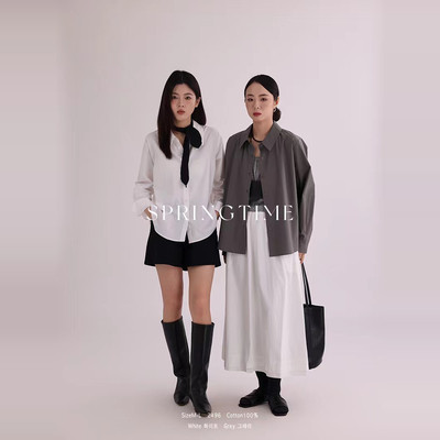 韩版 春季新款纯棉纯色女士衬衫2496 简约休闲百搭女装纯棉衬衫