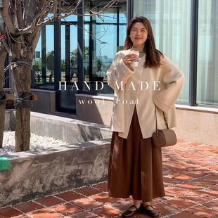 洋气女装 韩国新款 一粒扣圆领时尚 羊毛外套534长毛 羊毛外套 中长款